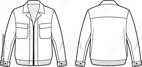 Front back view of fashion jacket, flat sketch with flap pockets, zipper closure, garment template, cad drawing flat vector illustration