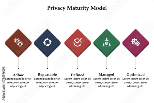 Five aspects of Privacy Maturity Model. Infographic template with icons and description placeholder