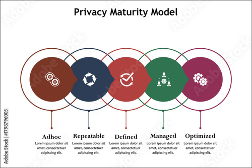 Five aspects of Privacy Maturity Model. Infographic template with icons and description placeholder