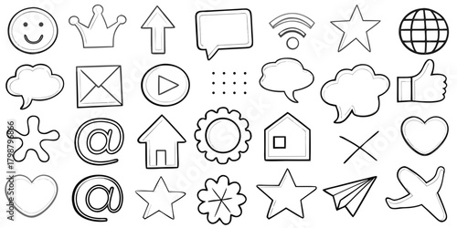 Collection of hand drawn outline social media icons and symbols on white background