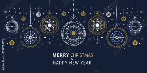 Elegant merry christmas and happy new year greeting with hanging ornaments and snowflakes on a dark blue background