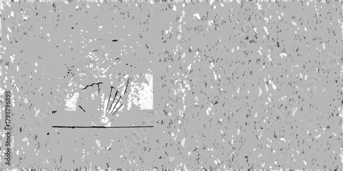 Abstract grayscale textured background with a minimalist graphic element resembling a plant or fan