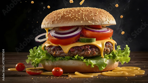 Hamburger with french fries on a plate on wooden table