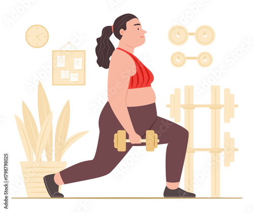 Chubby Woman Doing Lunges Exercise with Dumbbell in Fitness Gym Room for Weight Training and Healthcare Concept Illustration