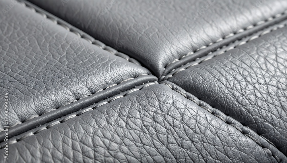 Obraz premium Close-up of gray, textured leather with a quilted pattern and visible, contrasting stitching. Surface detail and geometric design