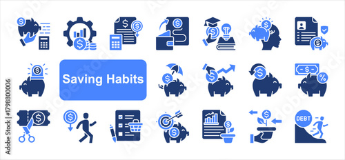 Saving habits icon set with Money management, Financial literacy, Savings plan, Emergency fund, Goal setting, Investment return, Piggy bank simple vector.
