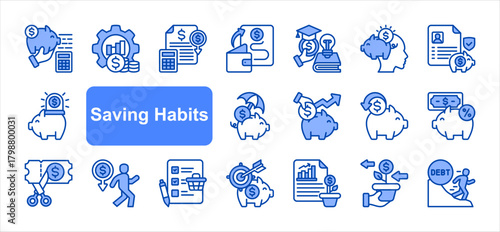 Saving habits icon set with Money management, Financial literacy, Savings plan, Emergency fund, Goal setting, Investment return, Piggy bank simple vector.