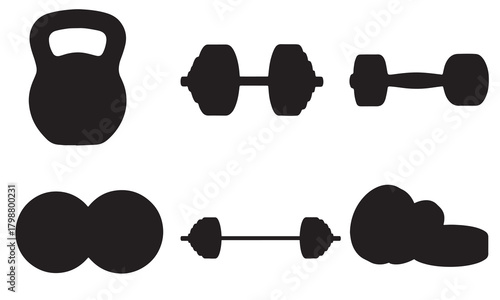 Collection of black silhouettes of gym weights and dumbbells