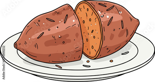 Cartoon Style Detailed Sweet Potato Cut on Plate Illustration