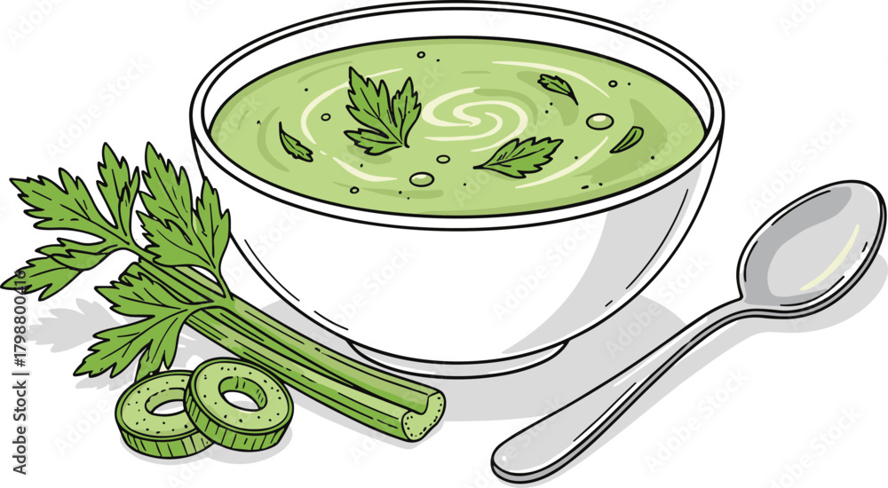 Obraz premium Artistic Lineart Celery Cream Soup Bowl with Spoon Kitchen Illustration