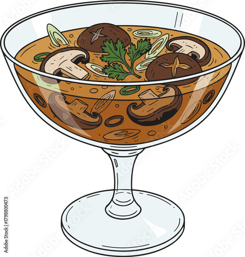Line Art Delicious Mushroom Soup in a Glass Bowl Illustration