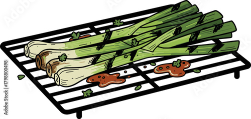 Cartoon Illustration of Grilled Leek on a Barbecue Grill with Sauce