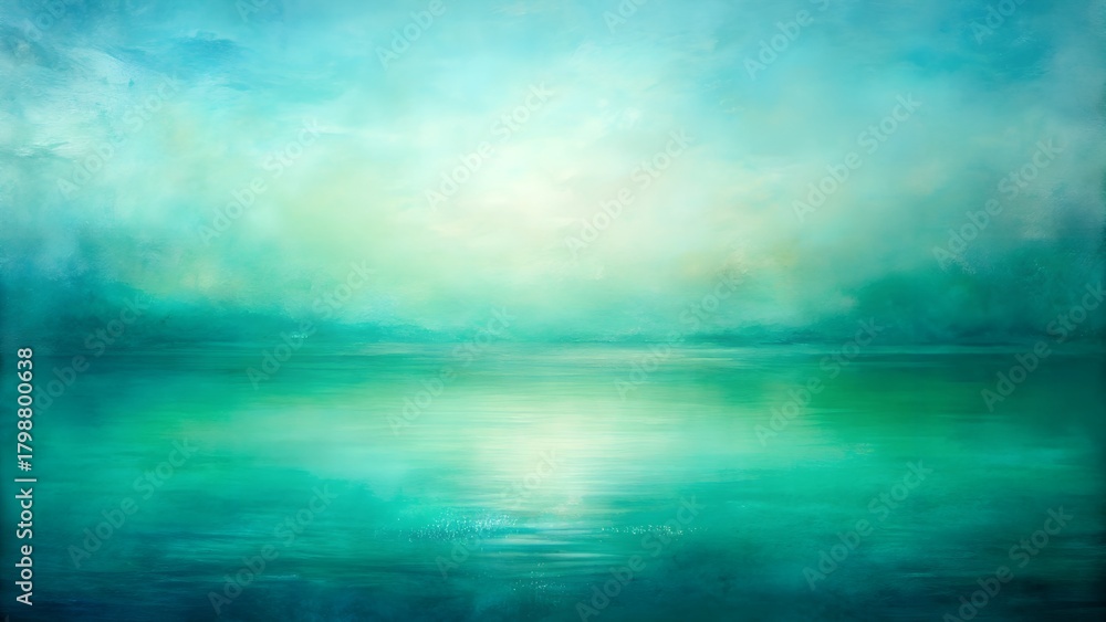 Obraz premium Abstract ethereal seascape with soft light and reflections on the water, evoking a sense of calm and tranquility in a cool, bluegreen palette
