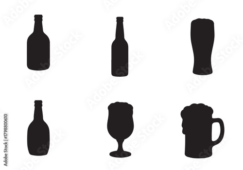 Collection of black silhouettes of beer bottles and glasses