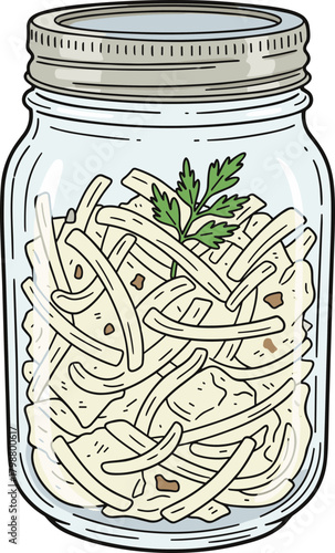Handdrawn Detailed Jar of Coleslaw and Parsley Sprig Illustration
