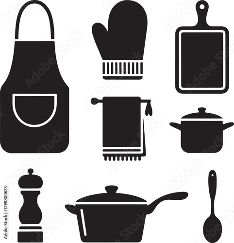 Black and White Silhouette Vector Set of 9 Kitchen Accessory Objects Apron Oven Mitt Towel Cutting Board Salt Shaker Pepper Grinder Pot Pan Spoon