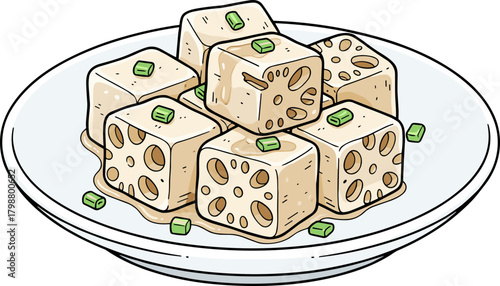 Hand Drawn Tofu Cube on Plate with Spring Onion Garnish Illustration