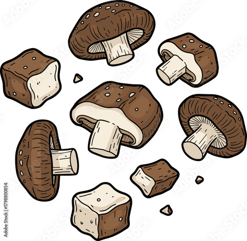 Detailed Handdrawn Mushroom Illustration Still Life Isolated Culinary Ingredient