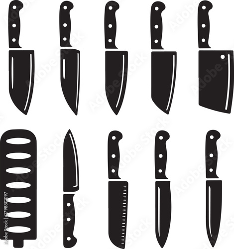 Black and White Silhouette Vector Set of 9 Kitchen Knife Designs Chefs Knife Paring Knife Carving Knife Cleaver Bread Knife Boning Knife Santoku Utility Knife Serrated Knife