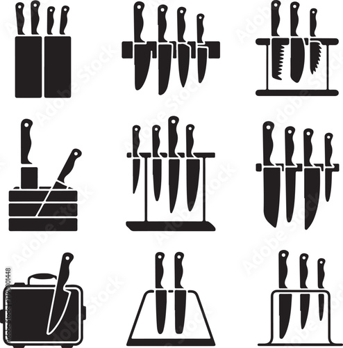 Black and White Silhouette Vector Set of Knife Holder and Rack Designs Wooden Block Magnetic Strip Countertop 