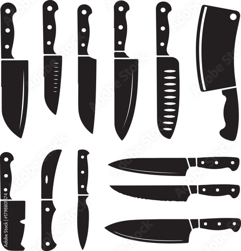 Black and White Silhouette Vector Set of 9 Knife Types Chefs Knife Paring Knife Bread Knife Cleaver Utility Knife Boning Knife Pocket Knife Carving Knife Santoku Knife