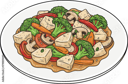 Handdrawn Colorful Stir Fried Tofu with Vegetable on Plate Illustration