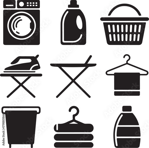 Black and White Silhouette Vector Set of 9 Laundry Objects Washing Machine Detergent Laundry Basket Iron Ironing Board Clothes Hanger Folded Towel Clothespin Fabric Softener