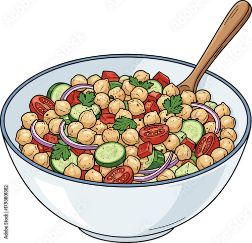 Detailed Handdrawn Chickpea Salad Bowl with Spoon Illustration Culinary Dish