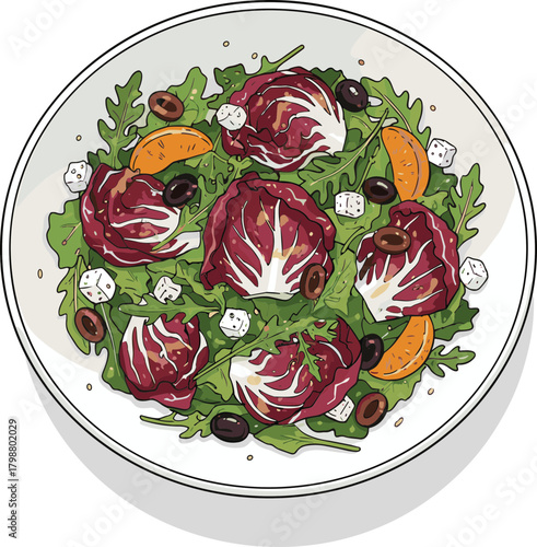 Handdrawn Salad Illustration of Radicchio Arugula Orange and Feta Cheese on Plate