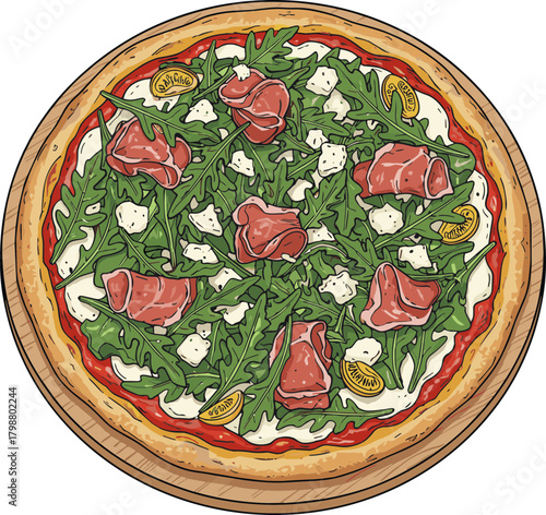 Detailed Handdrawn Arugula Prosciutto Pizza on Wooden Plate Illustration