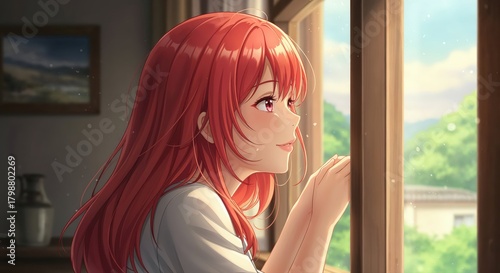 Daydream at the Window: An animated girl with flowing red hair gazes dreamily out of a window. Captured in a moment of tranquility and contemplation, evoking feelings of serenity and escape.
