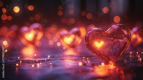 Beautiful Glowing Hearts with Sparkles on Textured Surface at Night