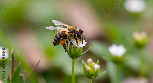 Honey Bee Collecting Nectar from a White Flower in a Garden.