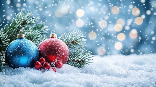 Colorful Christmas Ornaments with Snow and Frosty Background