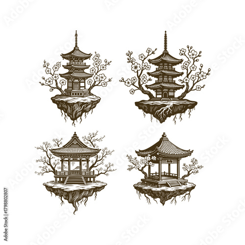A serene set of four vintage engraving style illustrations featuring traditional Japanese temples pagoda floating on islands with exposed roots, surrounded by beautiful cherry blossom branches