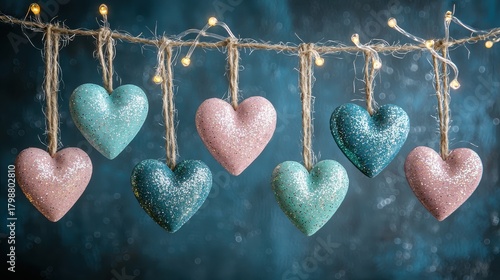 Decorative Hearts on a String with Twinkling Lights and Blue Background