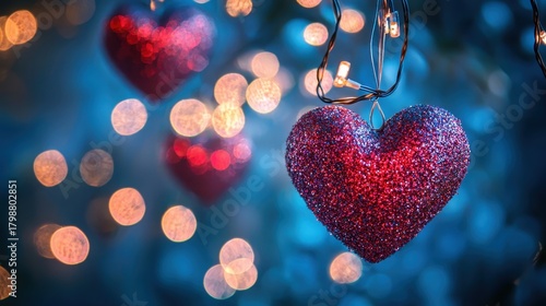 Sparkling Heart Decorations with Fairy Lights in Soft Focus Background