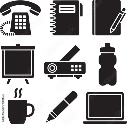 Black and White Silhouette Vector Set of 9 Meeting Objects Conference Phone Notebook Pen Coffee Mug Water Bottle Projector Whiteboard Marker Laser Pointer Laptop