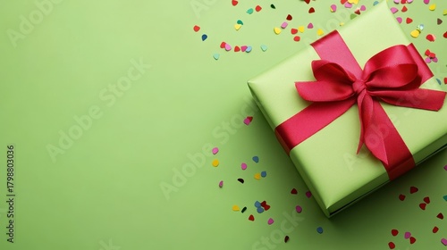 Green Gift Box with Red Ribbon and Colorful Confetti on Background