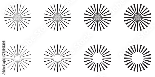Radial circle lines. Circular lines elements. Symbol of Sun star rays. Spokes with radiating stripes. Retro burst elements decorative celebration design elements.  Line burst vector illustration.