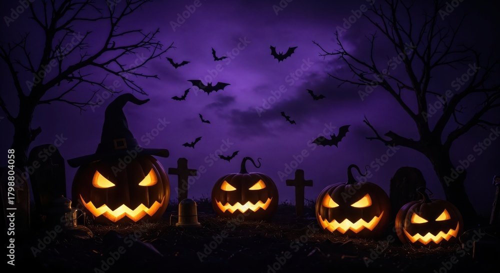Fototapeta premium Spooky Halloween Night: An eerie twilight scene sets the stage for Halloween with glowing jack-o'-lanterns, silhouetted trees, and bats under a moody sky, evoking a sense of chilling excitement.