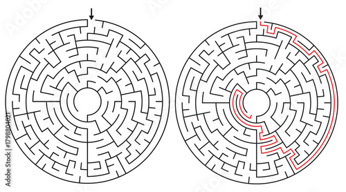24 Cells Diameter Theta Round Maze Game for Adults - Simple and Easy Maze Game Flat Vector Black and White Outline Illustration - Problem Solving Game kdp.