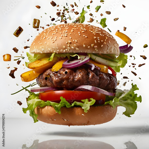 Hamburger on a plate with bun cheese and toppings on white background