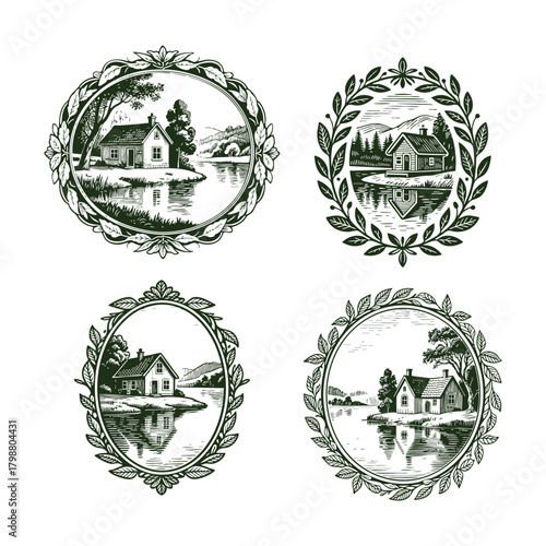 A tranquil set of four vintage engraving style illustrations featuring a charming cottage or house by a peaceful lake or river, framed by natural wreaths and ornate borders