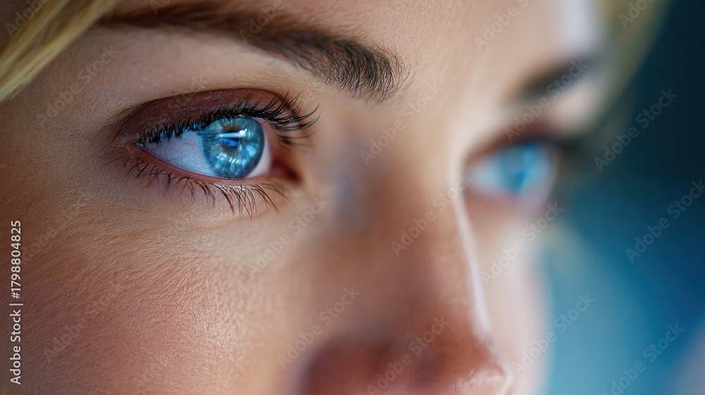 Fototapeta premium Gazing into the Blue: A close-up shot of woman's captivating blue eye, revealing intricate details of the iris. Her focused expression suggests a moment of deep contemplation and clarity.