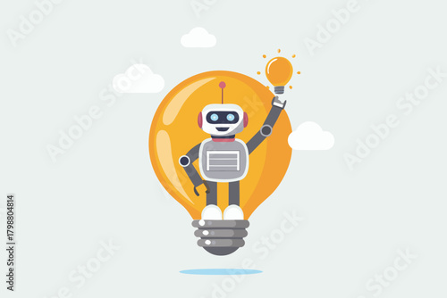 Cute robot holding a glowing light bulb symbolizing a bright idea inside a larger light bulb