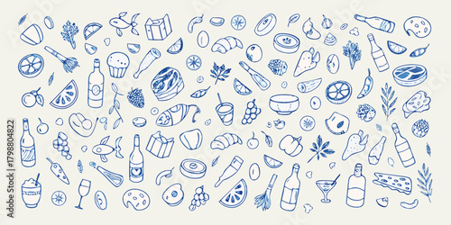 Whimsical hand drawn food and drink elements collection with blue outline on cream background