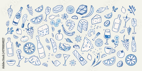 Whimsical hand drawn food and drink elements collection with blue outline on cream background