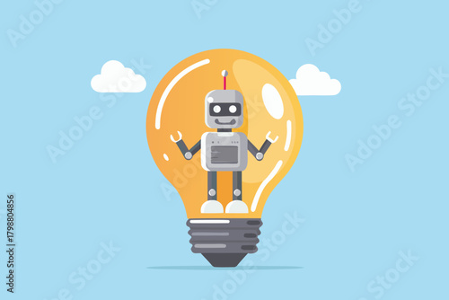 Cute robot character inside a glowing light bulb representing a bright idea or innovation