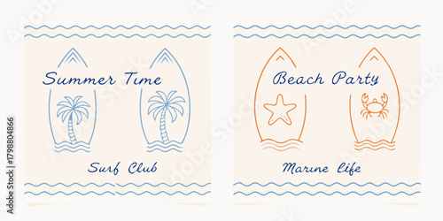 Summer beach party surf club marine life design with surfboards palm trees starfish and crab